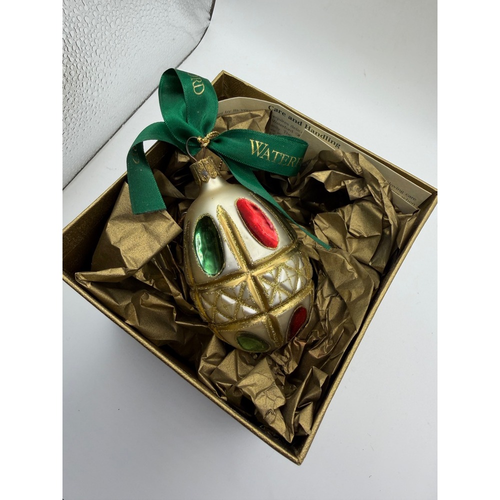 Waterford Holiday Heirlooms Colleen Holiday Egg Glass Ornament Small Red Green